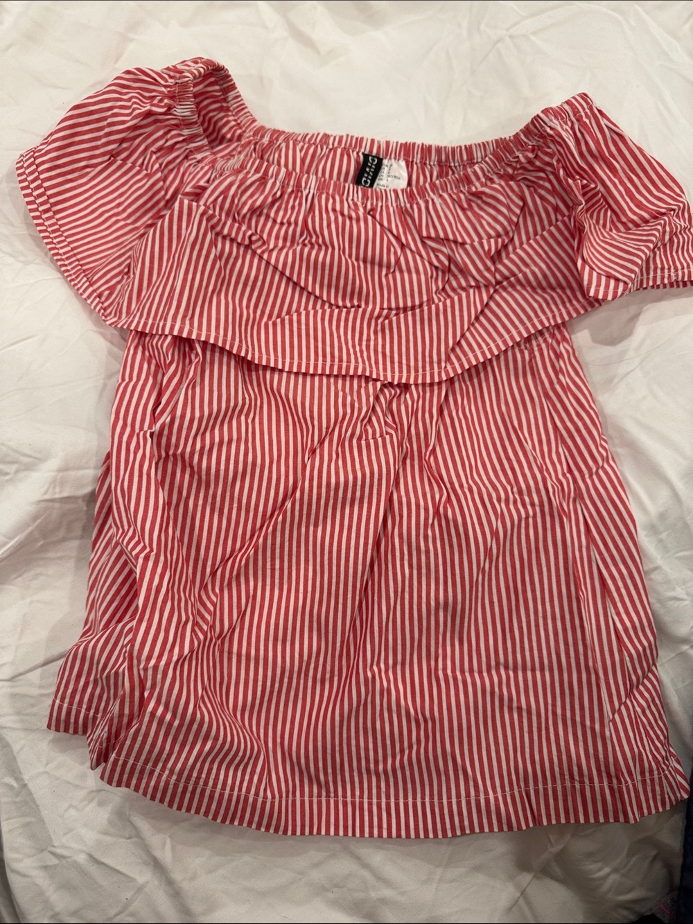 H&M Pink & White Striped Off-Shoulder Ruffle Top